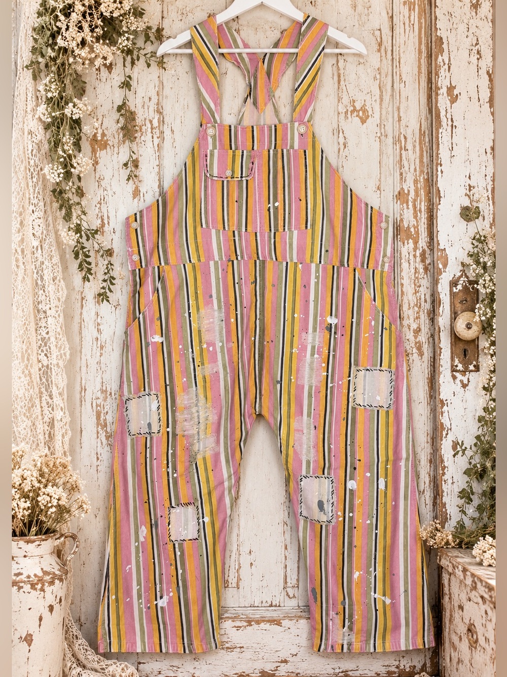 🌸 Jaded Gypsy Endless Travels Overalls Striped Distressed Boho One Size NWT